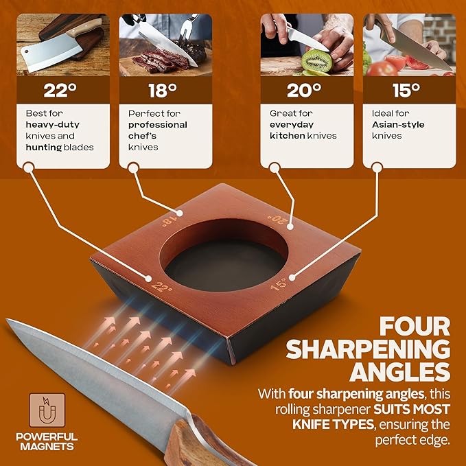 KraxenHaus Tumbler Rolling Knife Sharpener Kit – Magnetic Manual System with 4 Angles & Walnut Base Diamond & Ceramic Discs | Kitchen Knife Sharpening Tool | Interchangeable, Easy & Safe Design