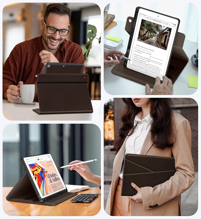 DTTO for iPad 9th/8th/7th Gen Case 10.2 Inch (2021/2020/2019) Brown | 360 Degree Rotating Premium Faux Leather Folio Stand Cover with Pencil Holder Auto Sleep/Wake Multiple Angles Hand Strap