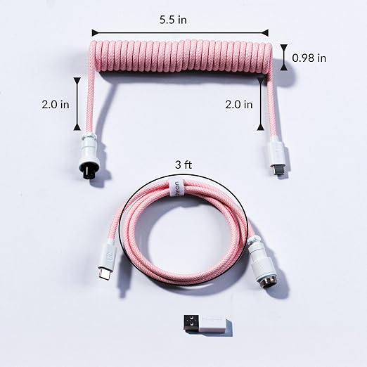 Keychron Custom Coiled Aviator USB-C Cable Black 5-Pin (GX12) Detachable Metal Connector USB-A Adapter Durable Braided Cable for Mechanical Keyboards Charging &amp Data Transfer