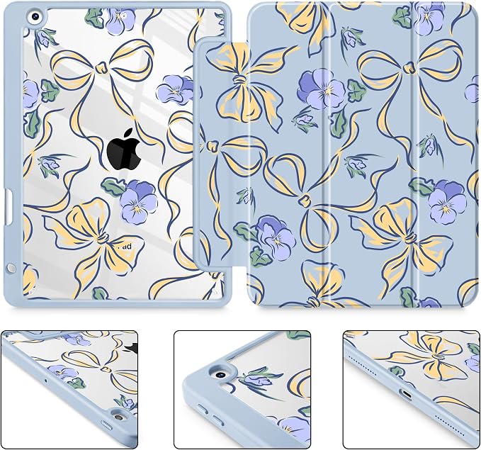 Case for iPad 9th/8th/7th Generation 10.2-Inch (2021/2020/2019 Release) with [Built-in Pencil Holder] Shockproof Cover with Clear Transparent Back Shell &amp Auto Wake/Sleep - Blue Bows