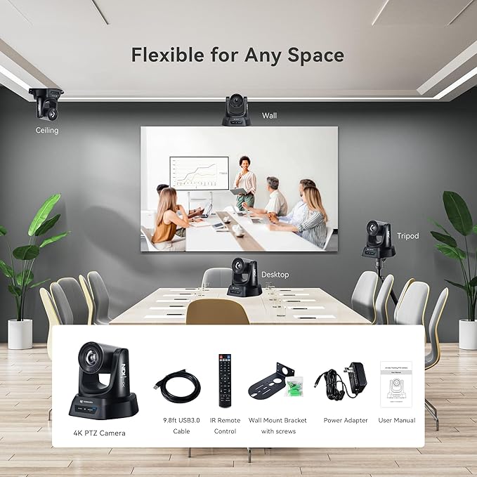 TONGVEO 4K NDI PTZ Camera AI Auto-Tracking 20X Optical Zoom HDMI IP Live Streaming SDI USB3.0 PoE LAN Supports for Church Worship Event Video Conference YouTube OBS vMix Zoom Teams and More