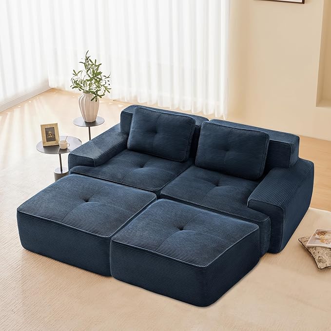 Blue Ottoman for Modular Sectional Sofa, Corduroy Deep Seat for Oversized Compressed Boneless Sectional Couches for Living Room Bedroom Apartment, Cloud Sofa Couch, Memory Foam, No Assembly