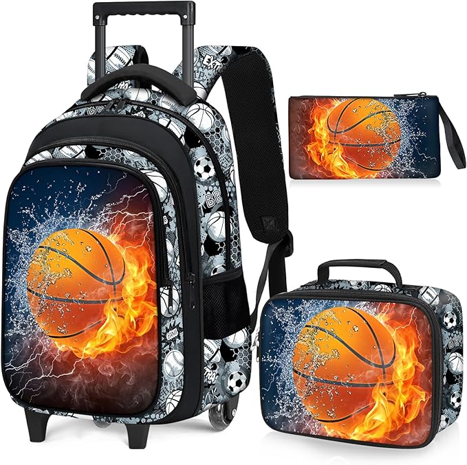 Basketball Rolling Backpack for Boys - 3PCS Boys Rolling Backpack with Lunch Box Set for Kids Children Teens Elementary Middle School,Sport Roller Bookbag with Wheels for Age 6-18