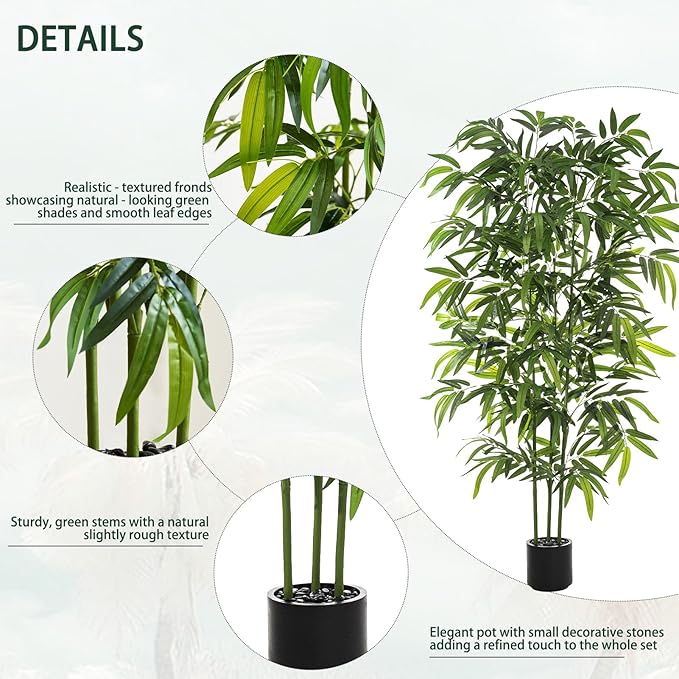 Artificial Tree Fake Plants, Artificial Bamboo Tree 5FT Tall in Black Potted, Artificial Tree Indoor Decor Bamboo Silk Tree with Natural Wood Trunk, for Home Office Living Room Modern