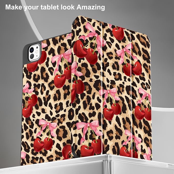 May Chen for iPad Pro 13 Inch Case M5 2025 / M4 2024 Tablet Cases Trifold Stand + Pencil Holder + Auto Wake/Sleep + Soft TPU Protective Stand Back Cover Cherry &amp Cheetah