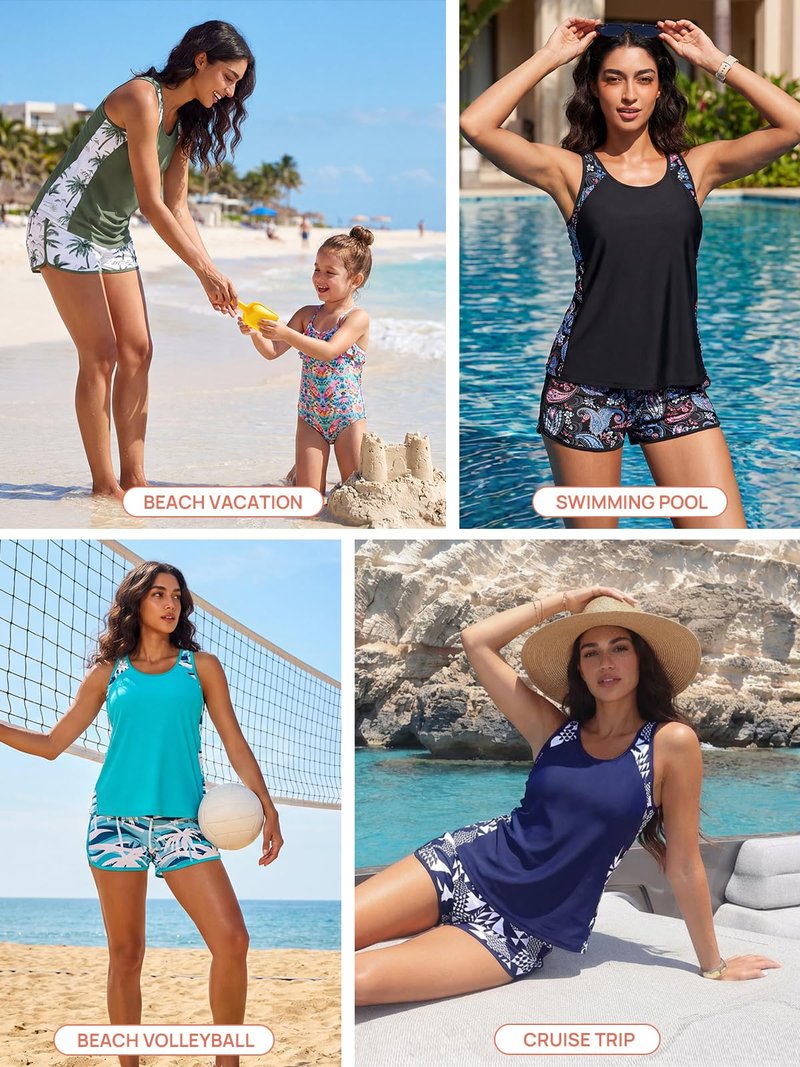 Summer Mae Blouson Tankini Swimsuits for Women 2026 Tummy Control Two Piece Bathing Suits with Sporty Pockets Swim Shorts Blue White Palms Size 14