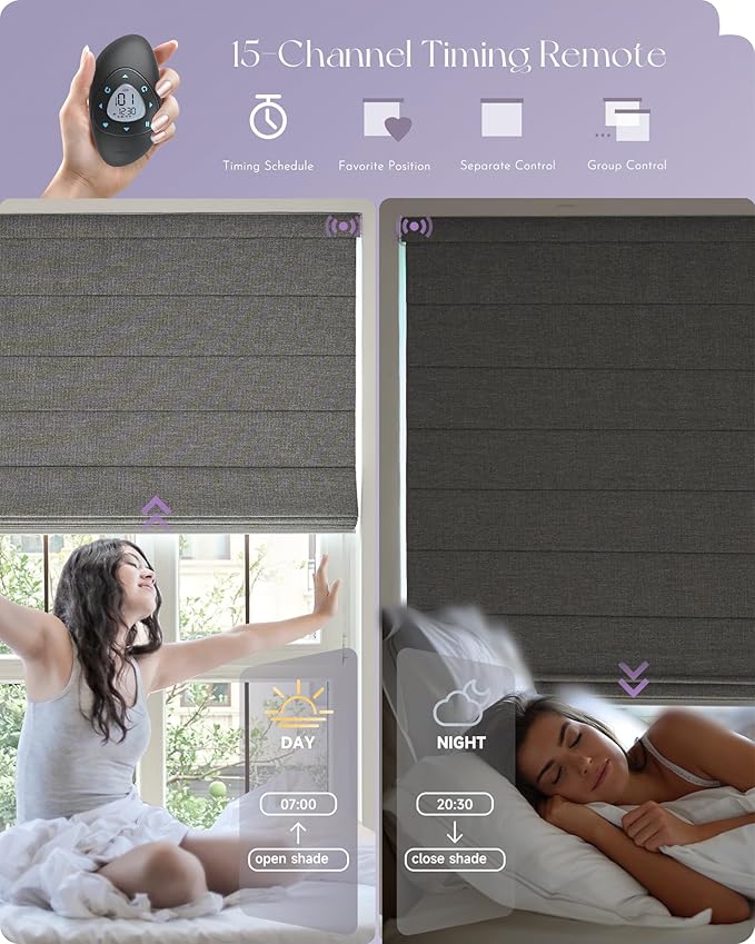 Graywind Smart Roman Shades 100% Blackout Compatible with Alexa Google Rechargeable Motorized Window Blinds Remote Control Room Darkening Plain Fold, Custom Size (Textured Black)