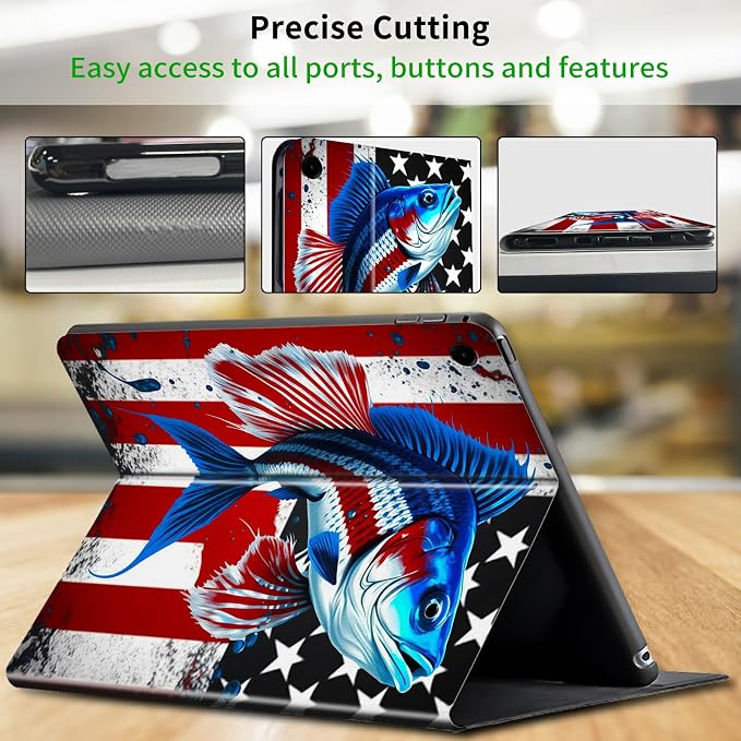 Case for Samsung Galaxy Tab A9 Plus 2023/A11 Plus 2025 11 inch Lightweight Protective PU Leather Smart Stand Cover with Auto Wake Sleep Tablet Case Cover - American Flag &amp Fish