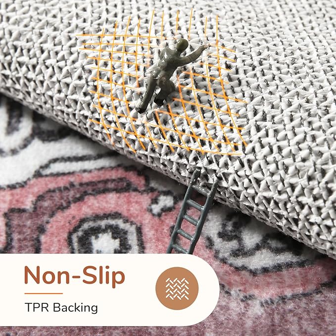 OPPODREAM Thin Area Rugs 5x7, 5x7 Washable Rug with Non Slip Backing, 5 x 7 Faux Cashmere Low-Pile Carpet, Pink & Cream