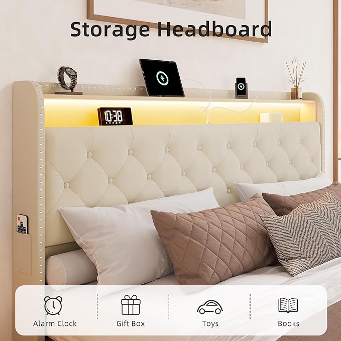 BRELTAM King Size Bed Frame with LED and Charging Station Upholstered Velvet Bed Frame with 4 Storage Drawers, Platform Bed Frame and Headboard Heavy Duty Wood Slats, Noise Free, Easy Assembly, Beige