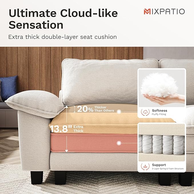 U-Shaped Cloud Modular Sofa Set, Deep Seat 3-Piece 6-Seater Sectional Couch & Removable Arms, Plush Chenille for Living Room - Beige