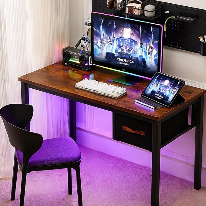Computer Desk with Drawer, 47 Inch Home Office Work Desks, Modern Writing Study PC Desk Gaming Table for Small Place Bedroom, Thickened Tabletop and Stable Metal Frame Leg（Rustic Brown）