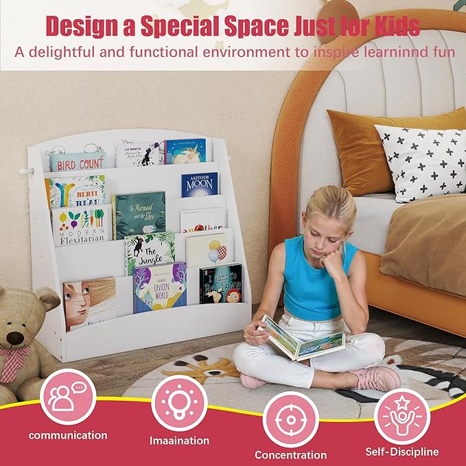 5-Tier Kids Bookshelf Montessori Toddler Book Rack Baby Bookcase Floor Front Facing Magazine Display Shelf for Bedroom Playroom Nursery Classroom Kindergarten Wood (White)