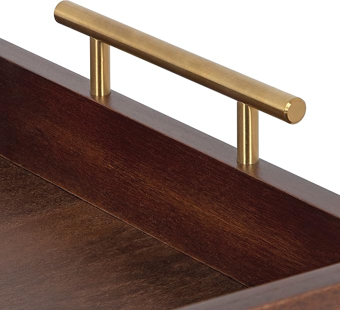 Kate and Laurel Lipton Decorative Wooden Tray with Metal Gold Handles, 16.5" x 12.25", Dark Walnut Brown and Gold