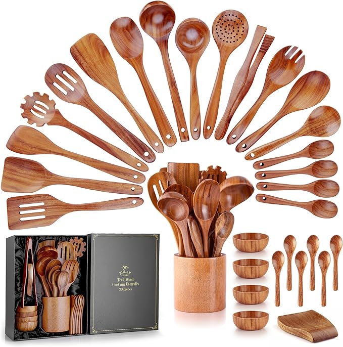 Zulay Kitchen 30-Piece Teak Wooden Utensils - Natural Teak Cooking Utensils with Premium Gift Box - Non-Stick Wooden Spoons - Kitchen Gift Set - Comfortable Grip