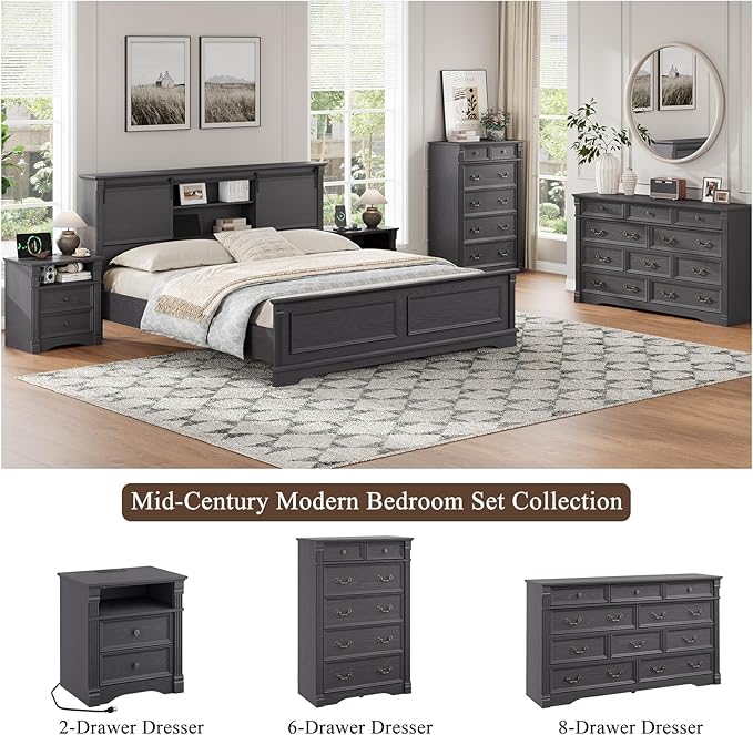 Grey 6 Drawer Dresser for Bedroom, 47" Tall Dresser, Wood Rustic Chest of Drawers with Chic Wood Pilasters, Dressers Organizer for Bedroom, Hallway, Living Room