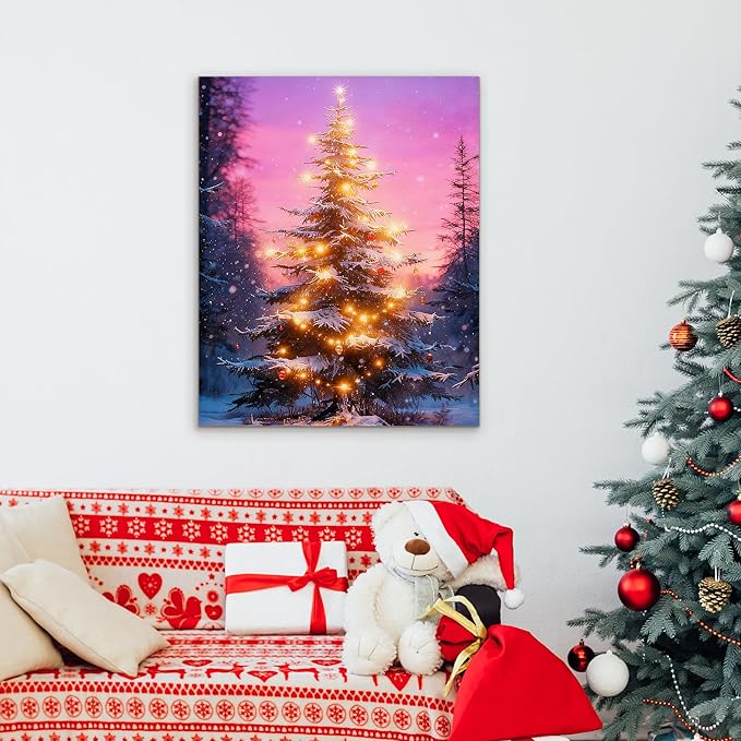 Framed Christmas Pictures Wall Decor,Vintage Pine Tree Prints,Winter Christmas Canvas Wall Art Decoration for Bedroom Bathroom Living Room Rustic Xmas Holiday Gifts (Christmas Tree 18, 12'' X 16'')