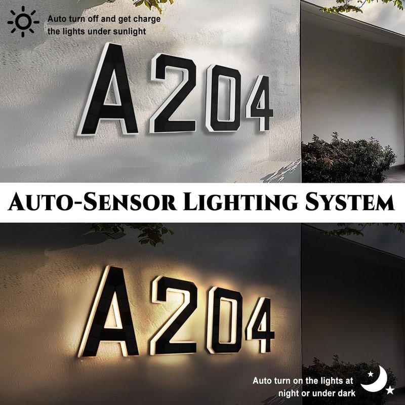 9" Solar Powered House Numbers for Outside Light Up, CARPESUN Waterproof Modern LED Backlit Address Signs, 300LM Large Exterior Illuminated Number Plate for Door, Home, Apartment, Mailbox (1-Black, 9 Inch)