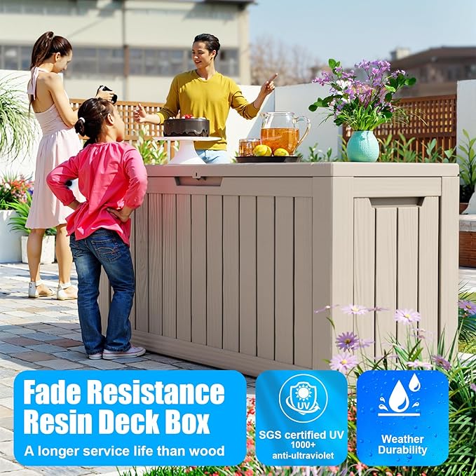 Vixzen 86 Gallon Resin Deck Box, Lockable Outdoor Storage Box for Patio Cushions Storage Furniture,Garden Tools, Pool Supplies, Weatherproof and UV Resistant- Grey
