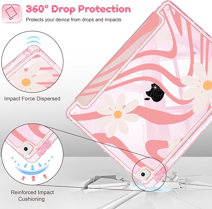 Case for iPad 9th/ 8th/ 7th Generation 10.2-Inch Case(2021/2020/2019 Release) Glitter Tablet Cases with Transparent Acrylic Back+Trifold Stand+Pencil Holder+Auto Wake/Sleep Bows-Stripe