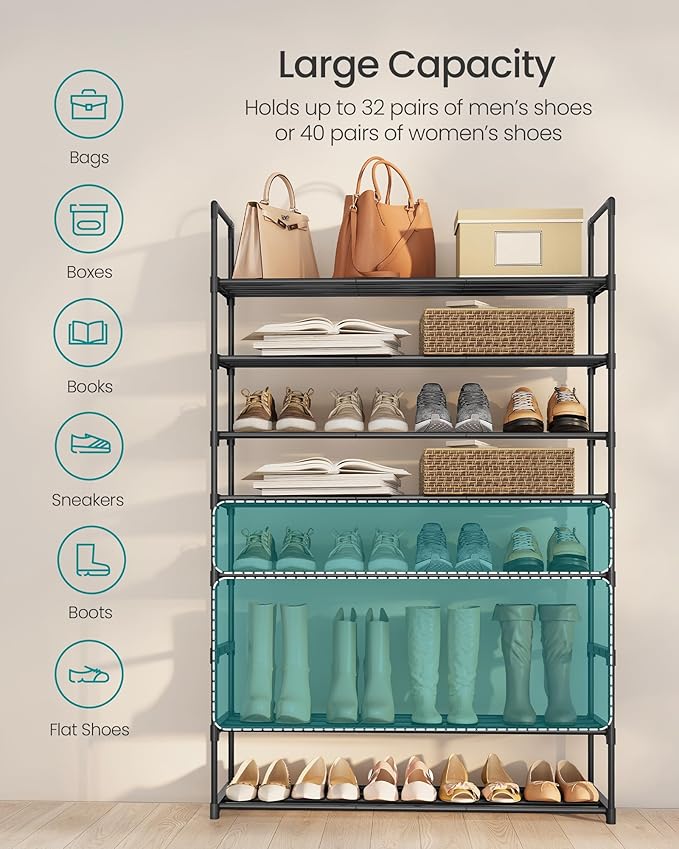 SONGMICS Shoe Rack, 8-Tier Shoe Organizer, Metal Storage Shelf, Upright or Upside Down, for 32-40 Pairs, Stackable, for Entryway, 11.8 x 36.2 x 56.5 Inches, Black ULSA308BH01