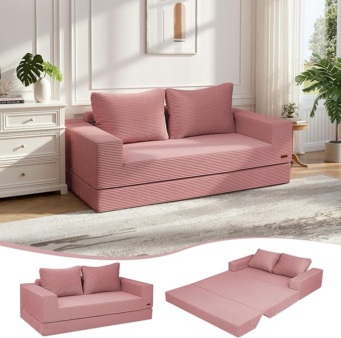 COMAX Convertible Sofa Bed Queen, Corduroy Folding Floor Couch Pull Out Couch Bed Futon Sleeper with Pillows, Fold Out Boneless Sofa Comfy Lounge Mattress Loveseat for Living Room Bedroom, Pink