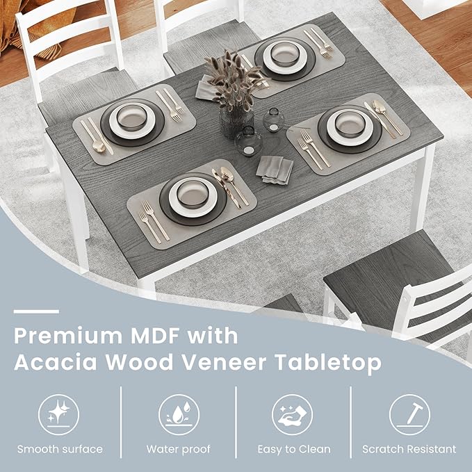 POWERSTONE Dining Table Set for 4, Kitchen Table Chairs Set of 4 with Rubber Wood Legs, Farmhouse 5 Piece Dining Table Set Solid Wood for Kitchen Dining Room Dinner (Grey)