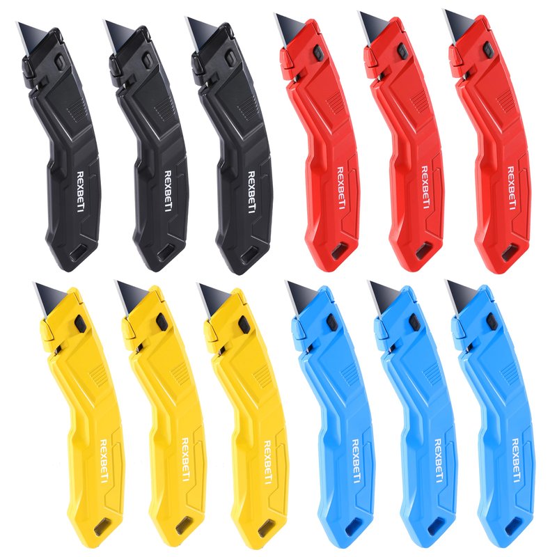 REXBETI 12 Pack Utility Knife Retractable Box Cutter, 4 Color Heavy Duty Aluminum Shell Knife Sets with Extra 20pc SK2 Blades for Cartons, Cardboard and Boxes