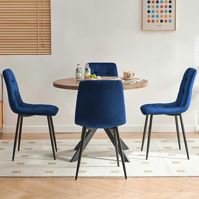 5-Piece Round Dining Table Set - Kitchen Table Chairs Set of 4 with Blue Velvet Upholstered Chairs -Dining Table Set for 4