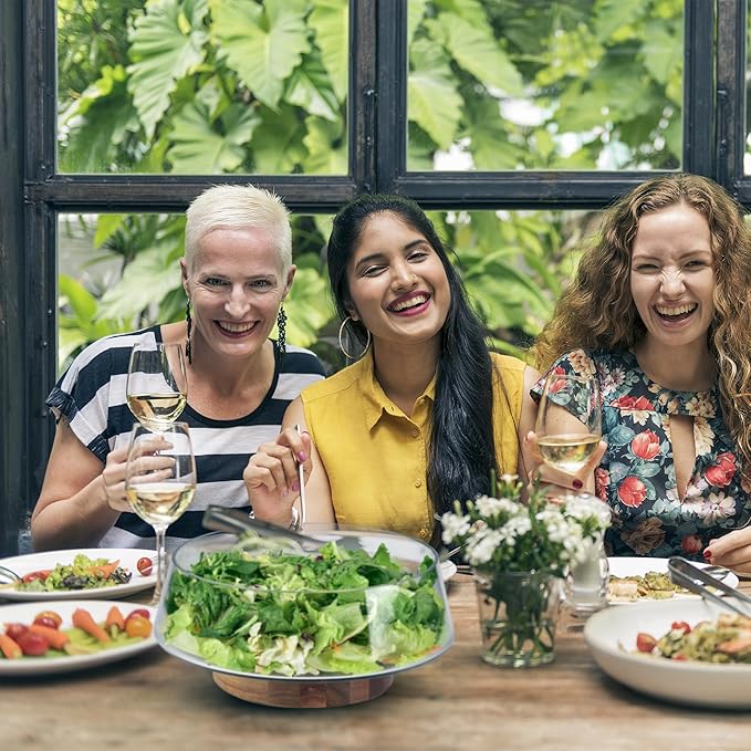 Extra Large Glass Salad Bowl Set - Party Salad Bowls with Acacia Wood Base and Serving Utensils - Elegant and Practical Kitchen Must-Have