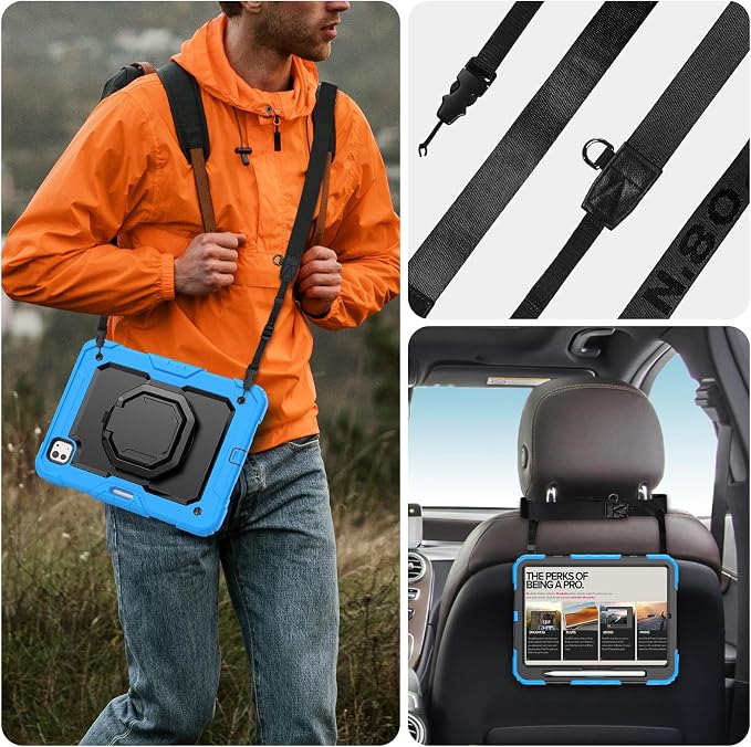 for iPad Pro 11 inch Protective Case M5 2025/M4 2024: Heavy Duty Shockproof Case with Pencil Holder - 360°Rotating Handle/Stand - Screen Protector - Shoulder Strap Black/Sky Blue
