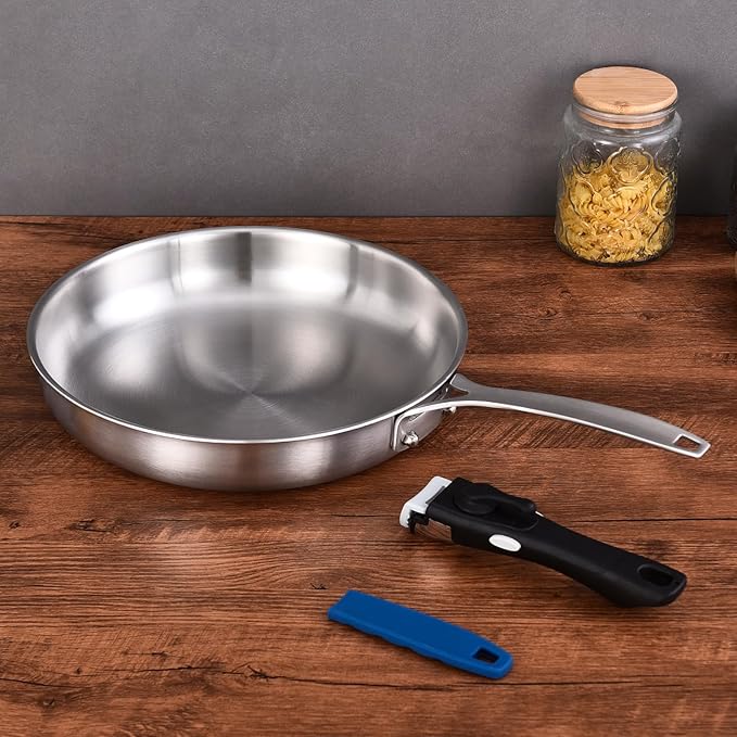 Inqibee 8.5-10-12 Inch Stainless Steel Pans Set with Lid, Detachable Handle