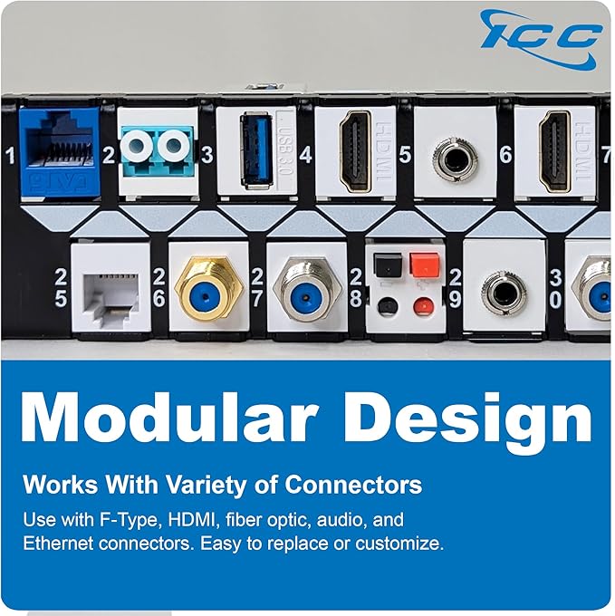 ICC 48 Port Blank Keystone 1U Patch Panel with 19” Metal Rackmount Housing for Slim Profile Keystone Jacks (Sold Separately), UL Listed, IC107BP481