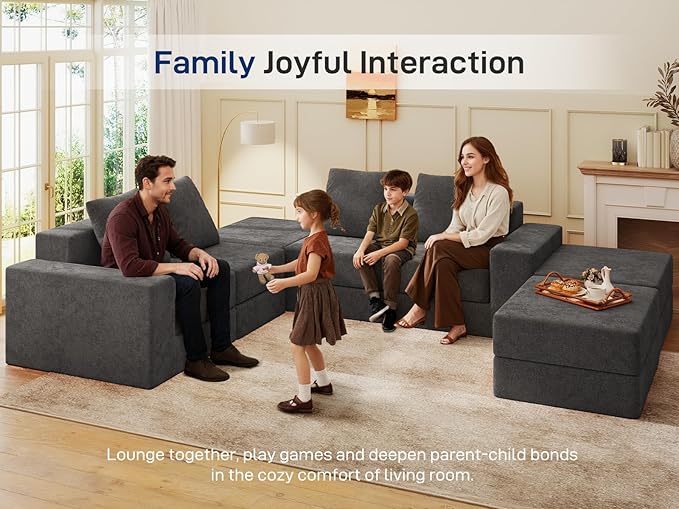 Living&Giving 128" U-Shaped Cloud Sectional Couch for Living Room, Cloud Boneless Couch-No Assembly with Reversible Chaise, Customizable 4-Seat Modular Sectional Sofa with 3 Ottoman,Dark Grey