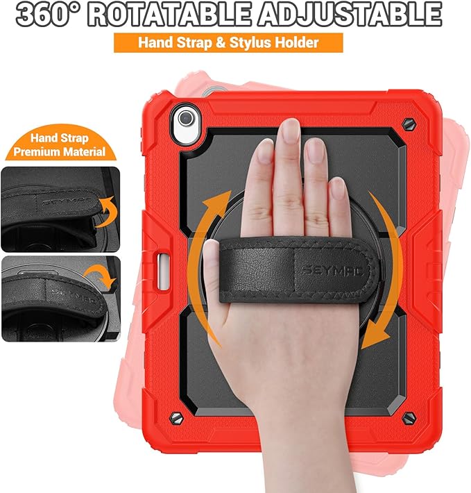 SEYMAC for iPad Air 13 Inch Case M3 2025/ M2 2024, Heavy Duty Shockproof Protective Case with Screen Protector, Rotating Stand, Hand/Shoulder Strap and Pen Holder for iPad Air 13, Red