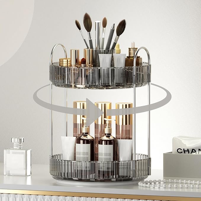 360° Rotating Makeup Organizer, Upgraded 2 Tier Skincare Perfume Organizers for Women, Bathroom Organizer Countertop, Clear Cosmetic Dresser Organizer with Makeup Brush Holder, Sink&Counter(Grey)