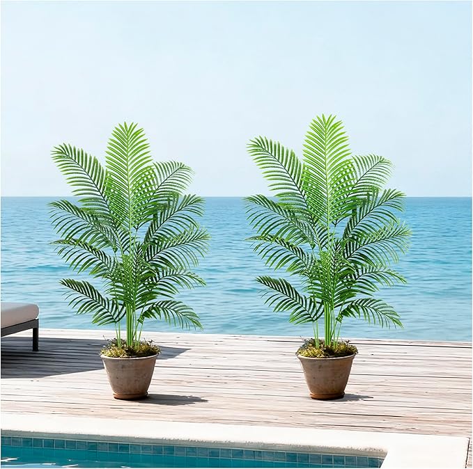 2 Pack Artificial Palm Tree 5FT Artificial Plants Indoor Tropical Fake Palm Tree Areca Floor Plant in Black Pot with 13 Trunks & Real Bark Design, Faux Palm Plant for Outdoor Patio Home Office Decor
