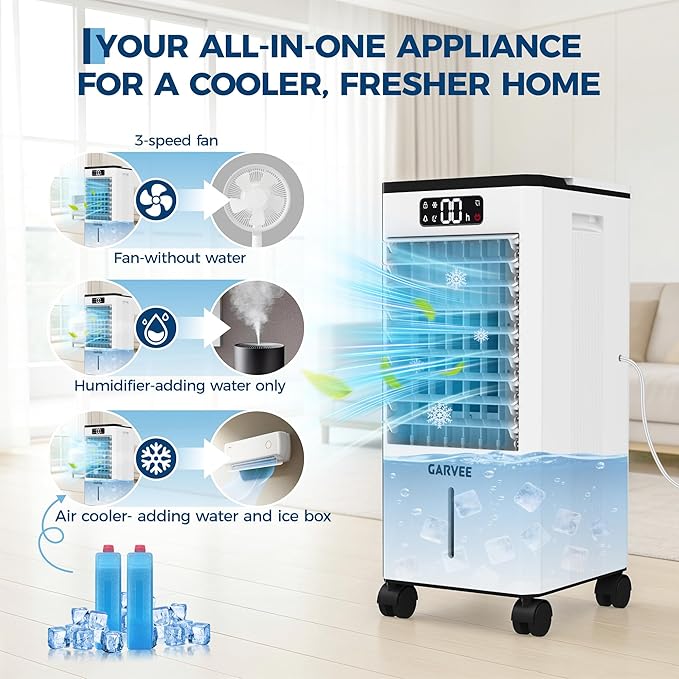 Portable Evaporative Air Cooler, 1.84Gal Touch Screen Cooler Fan with Remote Control, 3 Speeds 3 Modes LED Display, Ice Packs & Rolling Casters Included, Quiet 3-in-1 Cooling for Bedroom Home Office