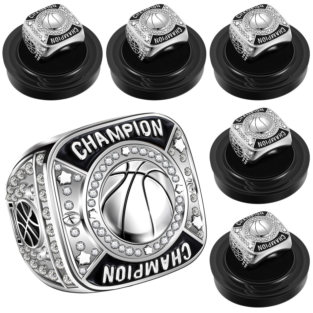 Remuuly 6 Pcs Basketball Championship Rings Basketball Champion Trophy Rings Award Gift Prize with Display Neck Chain and Stand for Tournament or Champion Winner(Gold)