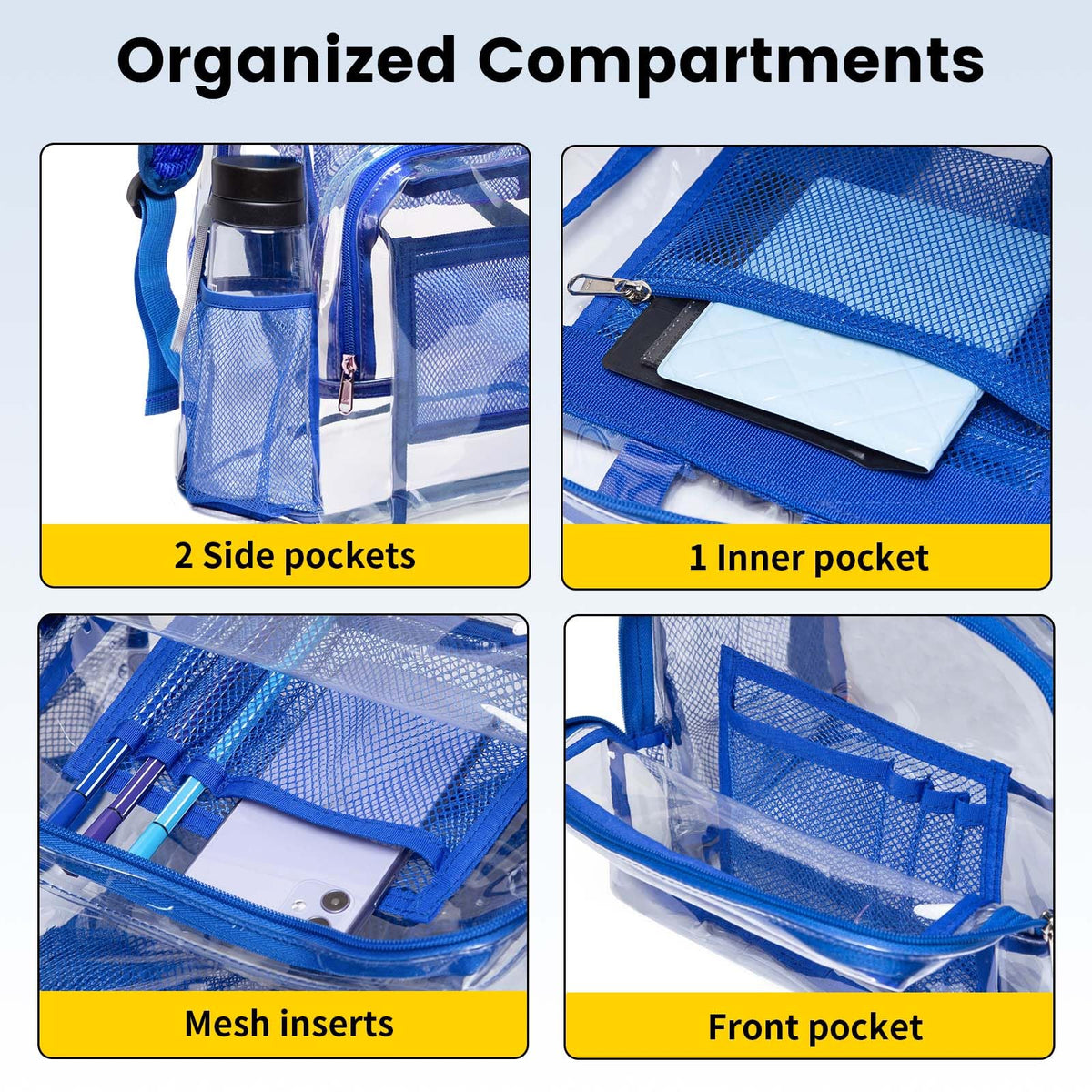 Vorspack Clear Backpack Heavy Duty PVC Transparent Backpack with Reinforced Strap Stitches & Large Capacity for College Workplace Security -Blue