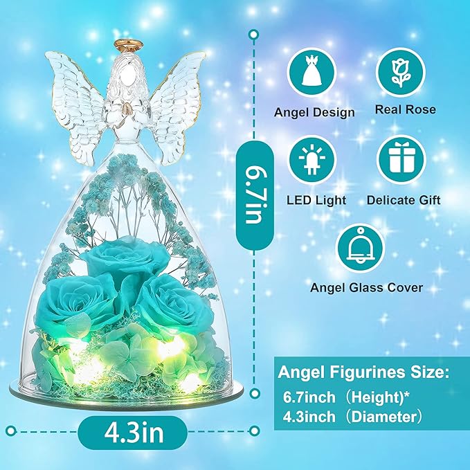 Ocosy Mothers Day Rose Gifts for her, Large Angel Rose Gifts for Women, Forever Real Roses in Angel Figurines, Angel Guardian with Roses Flower, Aqua Blue