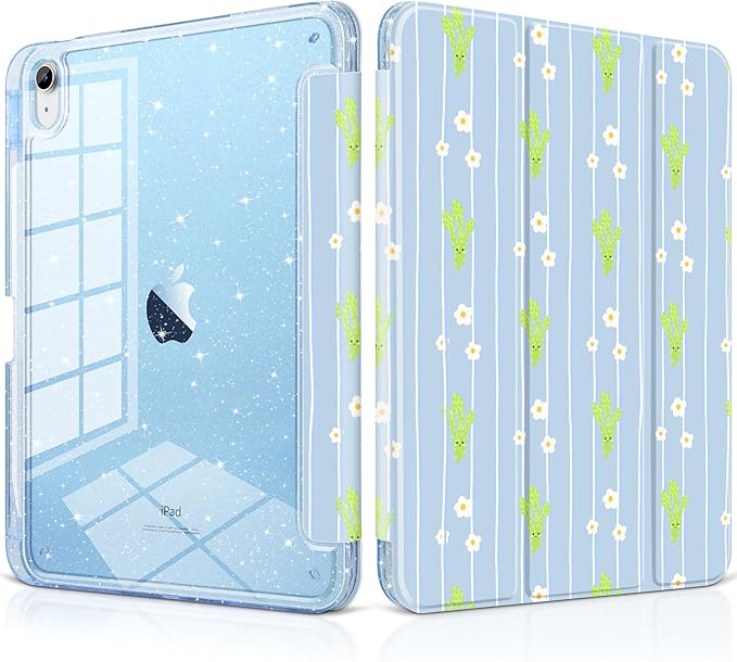 MEEgoodo Case for iPad A16 11th Generation 2025/10th Generation 2022 Glitter Tablet Cases with Transparent Acrylic Back+Trifold Stand +Pencil Holder+Auto Wake/SleepAbstract Sun &amp Palm Tree
