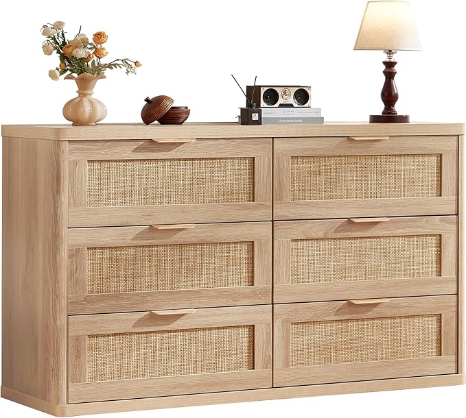 LEYAOYAO Rattan 6 Drawer Dresser for Bedroom, Boho 54" Wide Natural Wood Dresser Chest of Drawers, Dressers TV Stand with Metal Handle, Storage Dressers Closet Organizer for Living Room, Hallway