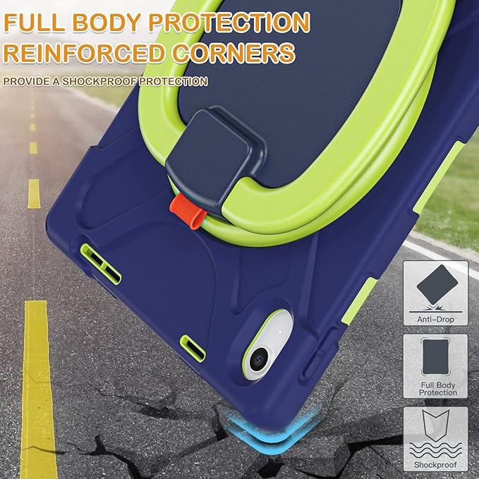 BRAECN Case for iPad (A16) 11th/10th Generation 11”/10.9'' 2025/2022-Rugged Silicone Cover with Swivel Ring Stand/Pencil Holder/Handle Grip/Kickstand/Screen Protector/Shoulder Strap, Navy Green