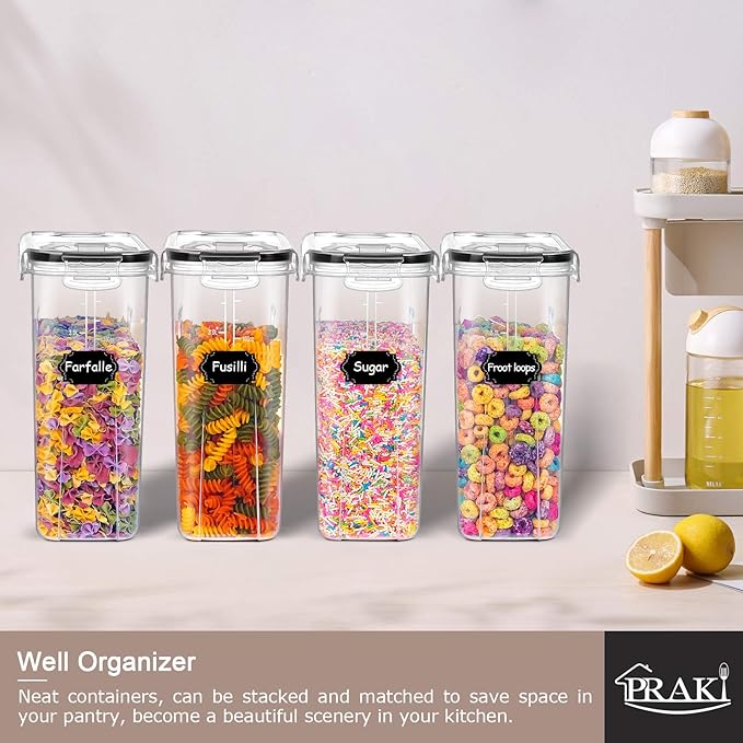 PRAKI 5PCS Cereal Containers Storage Set, BPA Free Airtight Food Storage Container Set with Lids, Kitchen Pantry Organization and Storage for Sugar, Baking Supplies with 20 Labels & Mark(4L Black)