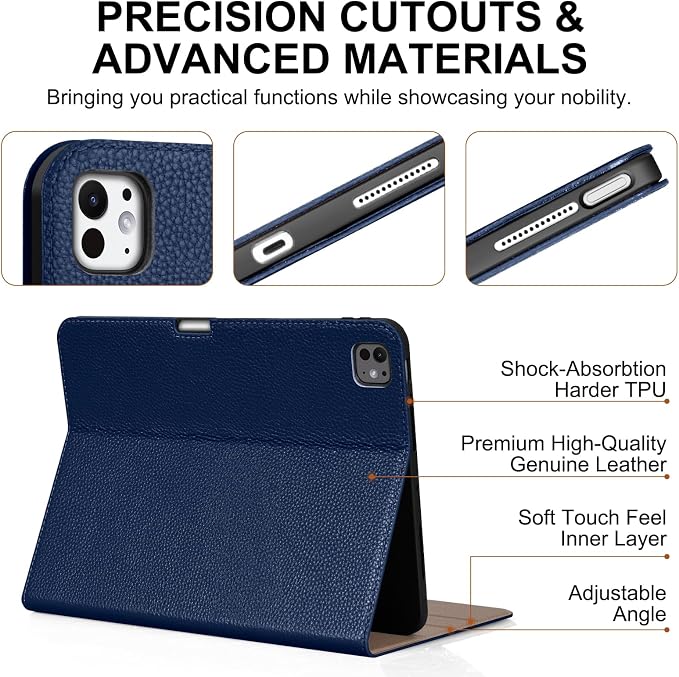 Genuine Leather Case for iPad 11th Gen 11/10th Gen 10.9 Black | Pencil Holder Adjustable Stand Auto Wake/Sleep Shockproof