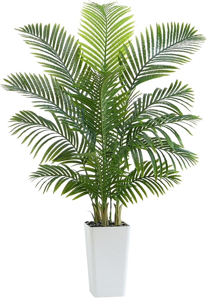Artificial Palm Tree：5FT Tropical Fake Silk Plant UV Resistant Faux Areca Palm with White Planter & Black Pebbles for Home Office Living Room Decor Indoor Patio Porch Balcony (5FT,1-Pack,White)