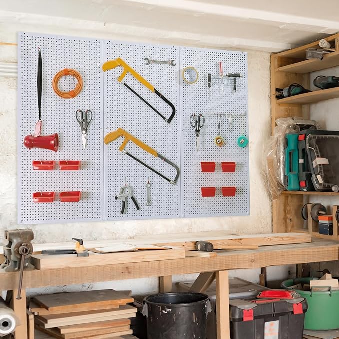 Daanxw Pegboard Rack Garage Storage Steel Horizontal PegBoard Pack,Steel Pegboard Heavy Duty- 3 Pack 16-Inch X 36-Inch Metal Peg Board Tool Organization Panels (White)
