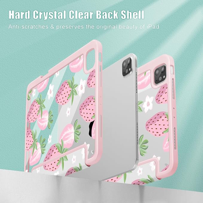 May Chen Case for iPad 12.9 Inch (6th/5th/4th/3rd Generation 2022/2021/2020/2018) Pencel Holder + Trifold Support Auto Sleep/Wake Transparent Shockproof Back Cover Blue Bows