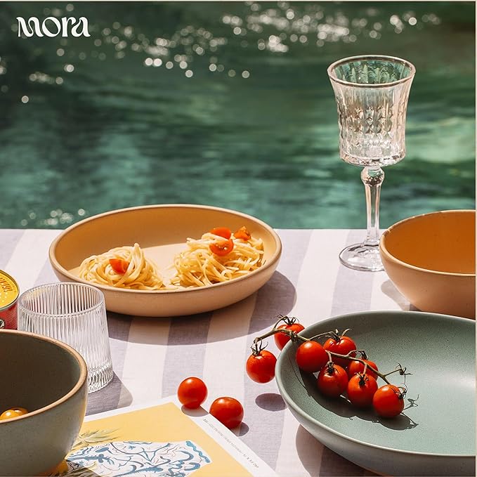 MORA Medium Dishes Set of 4, 30oz Ceramic Pottery Pasta Plate/Wide Bowls - Microwave, Oven and Dishwasher Safe - Merrigold